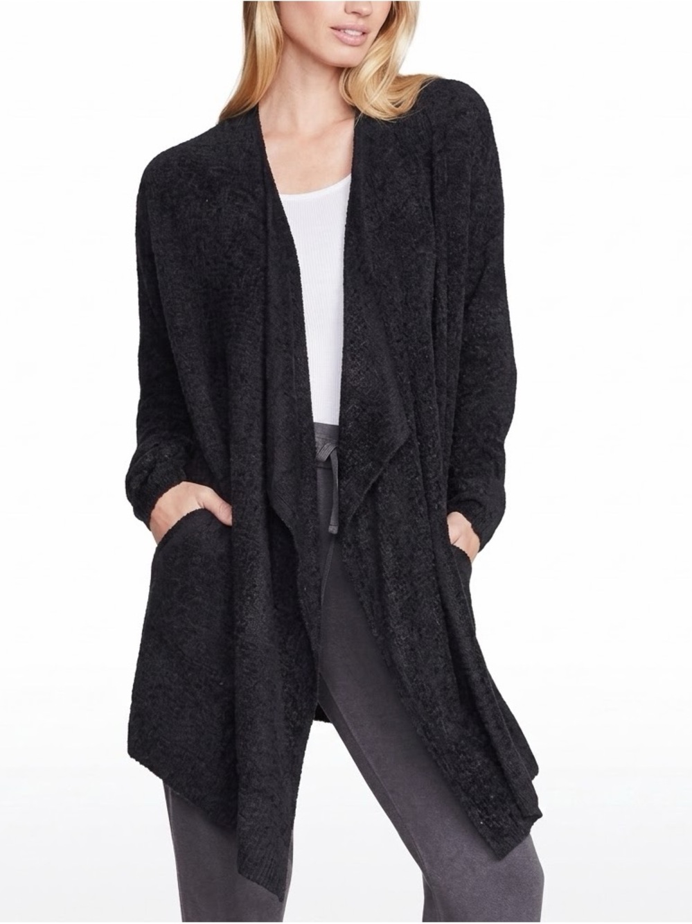 Barefoot Dreams CozyChic Lite Long Cardigan S/M Black Open Front Style 436